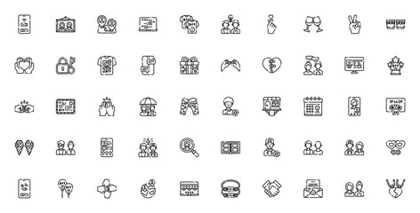 Friendship icon set. Social vector illustrations. Includes videocall, chat, gift, heart, handshake, profile, photo, location, wine, peace and more. Editable line art.