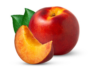 Red nectarine peach and cut in a slice with green leaf isolated.