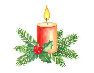 Red candle with greenery and holly leaves. Isolated transparent background