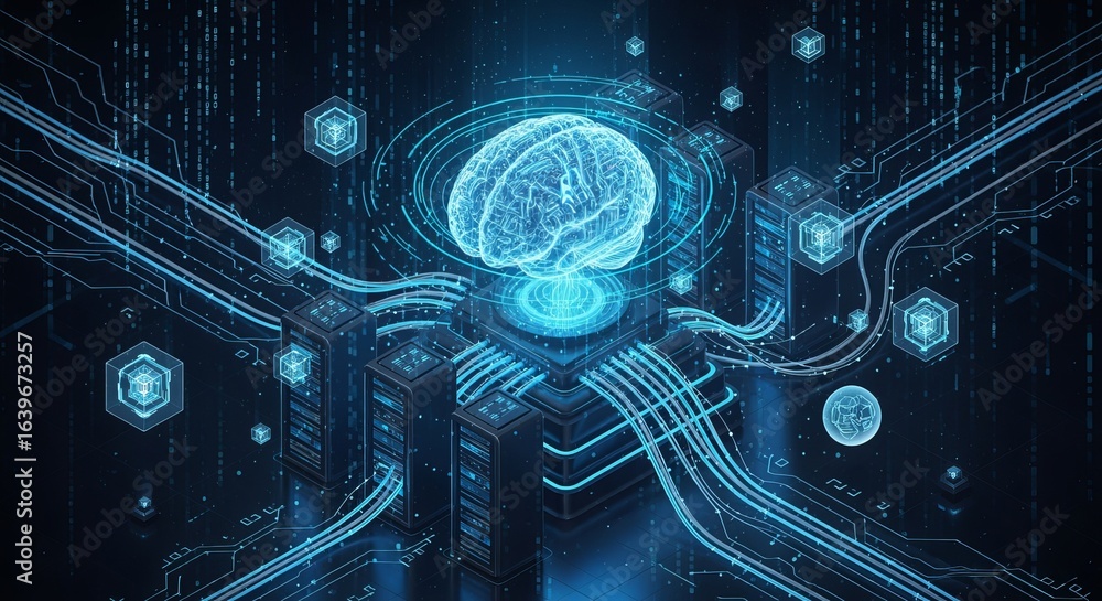 Poster brain with artificial intelligence connecting to servers, representing data processing and machine l