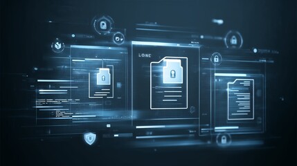 Digital interface with encrypted files, progress bars and lock icons, symbolizing secure file transfer and cybersecurity