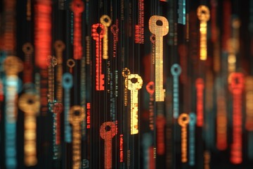 Abstract digital visualization of glowing encryption keys symbolizing data security, access control, and modern encryption technology