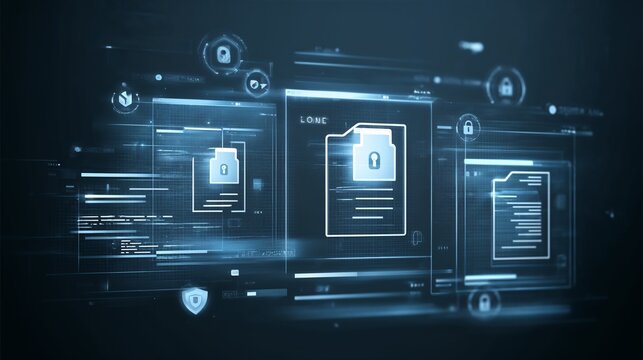 Digital interface with encrypted files, progress bars and lock icons, symbolizing secure file transfer and cybersecurity