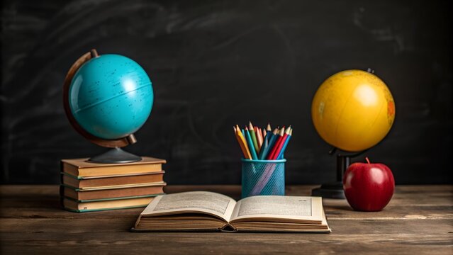 Back to school theme with globes books pencils and apple