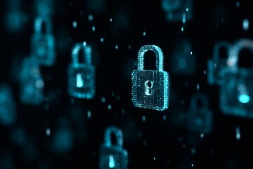 Multiple digital padlocks over binary data background symbolizing encrypted communication and secure data protection