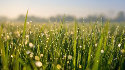 Obraz premium A tranquil sunrise over a lush green field, dewdrops glistening like tiny jewels in the morning light.