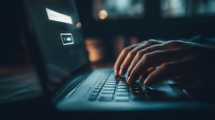Hands typing password on laptop keyboard with login interface on screen, symbolizing secure access, user authentication and data protection