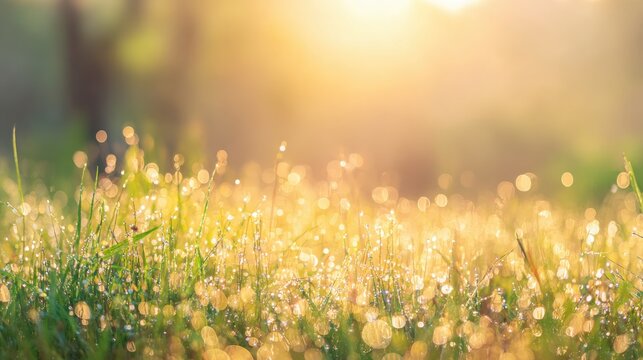 A tranquil sunrise over a lush green field, dewdrops glistening like tiny jewels in the morning light.