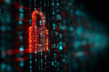 Abstract glowing red lock symbolizing secure data transfer, encryption, password protection, and cyber defense in digital communication