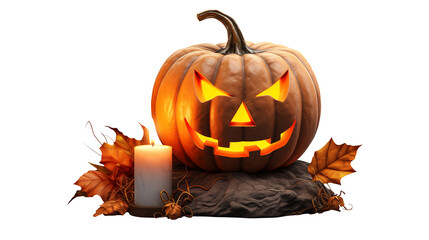 Glowing jack-o'-lantern with a spooky grin and a flickering candle sets an eerie Halloween mood, perfect for holiday designs and party invitations this October