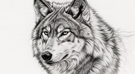Fototapeta premium Detailed Black and White Wolf Portrait Drawing with Realistic Fur and Intense Expression