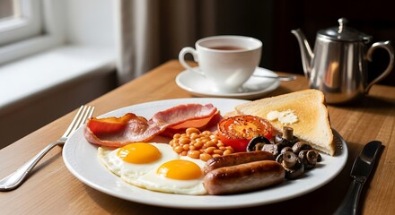 Full English breakfast with fried eggs bacon sausages beans toast mushrooms and tea image