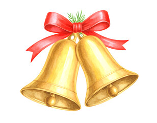 Golden bells with red ribbon and green foliage decoration. Isolated transparent background