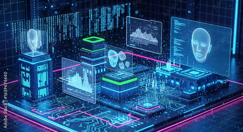 Aufkleber futuristic neon digital visualization of synthetic intelligence with holographic displays and abstra