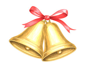 Golden bells with red ribbon for festive occasions seasonal celebrations. Isolated transparent background