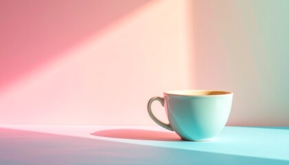 Fototapeta premium 淡いパステルグラデーション背景にシンプルな陶器カップと柔らかな影