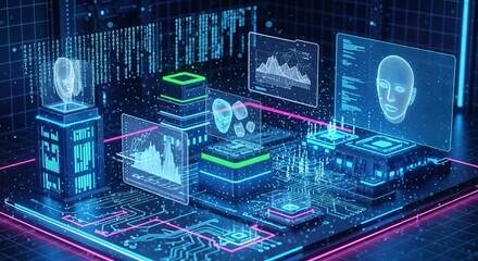 Futuristic neon digital visualization of synthetic intelligence with holographic displays and abstract circuit board elements, symbolizing AI and data processing.
