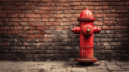 A vibrant image showcases a classic red fire hydrant positioned in front of a weathered brick wall, creating a striking contrast between the urban elements and the textured background.