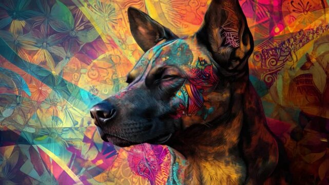 This vibrant AI generated dog portrait features lively colors and complex designs. Ideal for art enthusiasts and pet lovers. A unique blend of creativity and expression. Generative AI