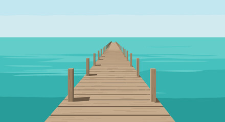 Relaxing walk on wooden pier over crystal blue water coastal landscape scenic view. Vector illustration