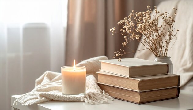 積み重ねた本と灯されたキャンドル、ドライフラワーのある読書コーナー