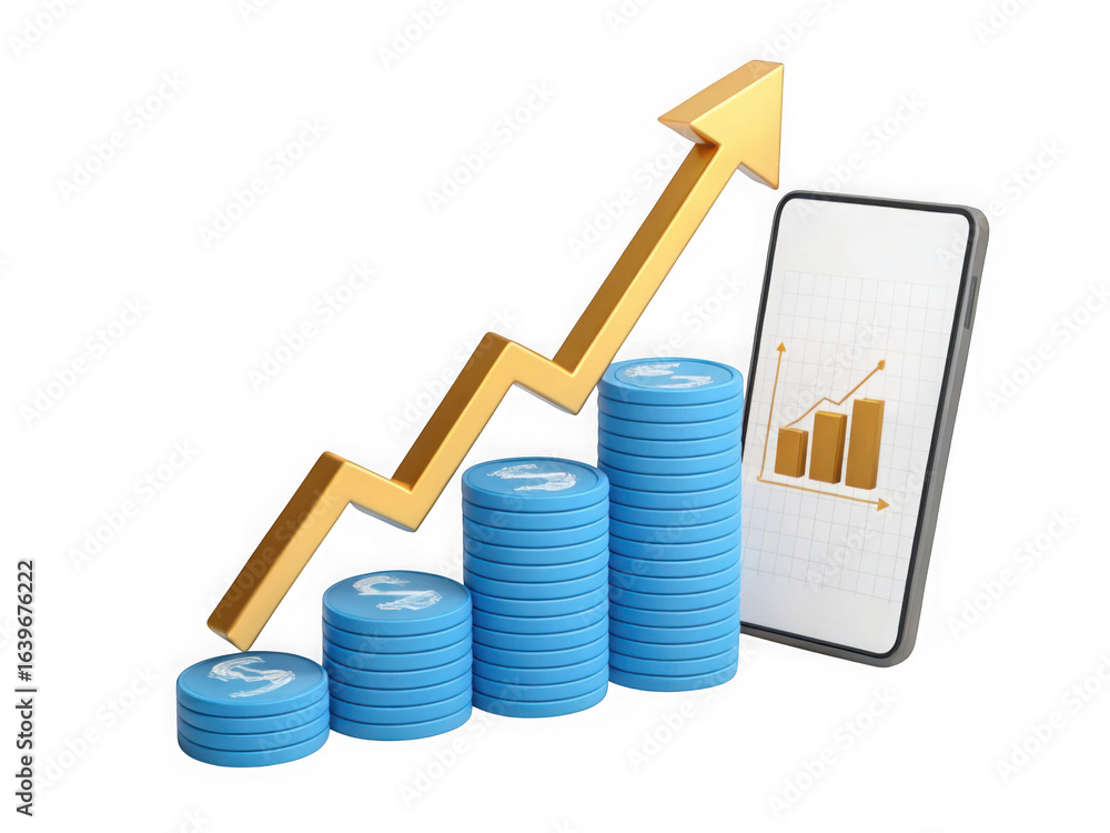 Poster golden arrow graph and stacked coins isolated on transparent background