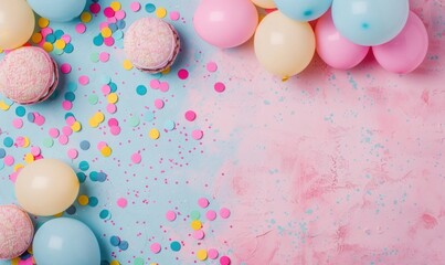Pastel macarons balloons and confetti overhead for celebration design backdrop