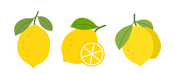 Set of yellow lemon with leaves flat stock vector illustration.
Yellow lemon slice icon.
Fresh fruit agricultural products element.
White background.
