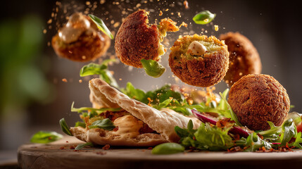 Golden crispy falafel balls flying in levitation, open pita bread filled with fresh salad and drizzled with creamy tahini sauce. Traditional Middle Eastern Israeli street food.