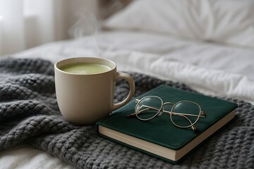 Cozy morning scene with a matcha latte and journal on a bed