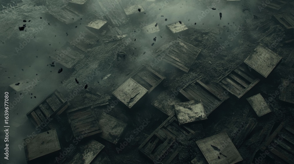Poster overhead shot of a chaotic scene with floating wooden crates in a misty atmosphere