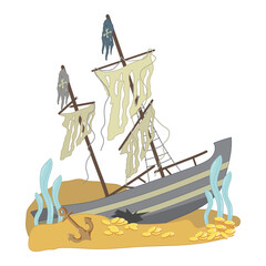 Sunken pirate ship on the seabed with gold coins around. Cartoon vector illustration for children's book, school supplies, print.