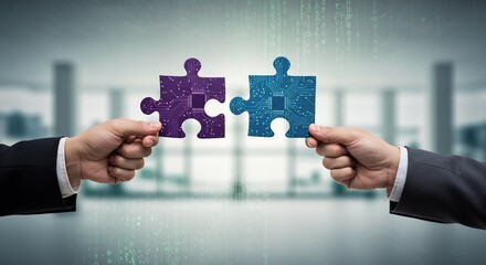 Business Collaboration Concept: Hands holding circuit board puzzle pieces, symbolizing teamwork and technology integration in a corporate environment
