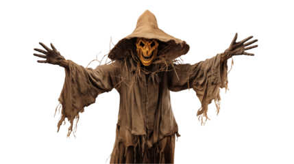 Terrifying scarecrow figure with outstretched arms, perfect for Halloween designs, haunted attractions, or spooky themed events, creating eerie and captivating visuals