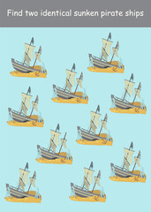 Find two identical sunken pirate ships on the seabed with gold coins around. Observation game. Vector illustration for children's entertainment, activity book, worksheet.