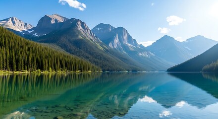 Serene Mountain Lake Landscape Reflecting Majestic Peaks and Verdant Forest for Nature Photography, Travel Guides, and Scenic Backgrounds