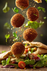 Golden crispy falafel balls flying in levitation, open pita bread filled with fresh salad and drizzled with creamy tahini sauce. Traditional Middle Eastern Israeli street food.