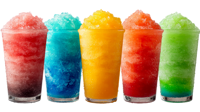 Five colorful frozen drinks in clear glasses