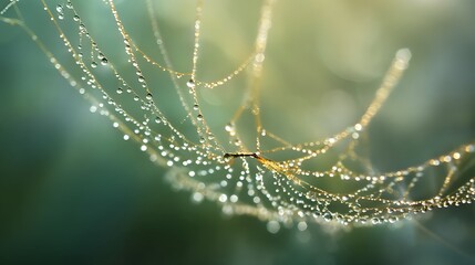 Close Up Dew Covered Spider Web in Morning Light with Soft Green Background