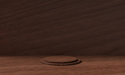 wooden oak circle round stage mockup dais background wallpaper empty blank pedestal brown color...
