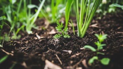 New life emerging: close-up of a young plant growing in fertile soil garden