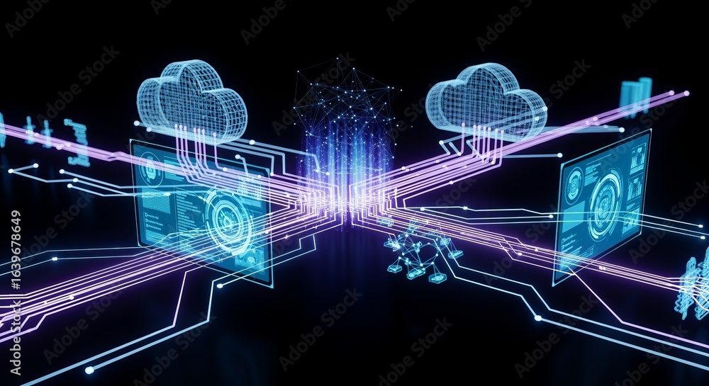 Poster cloud computing network with data transfer between servers and devices on a dark background, represe