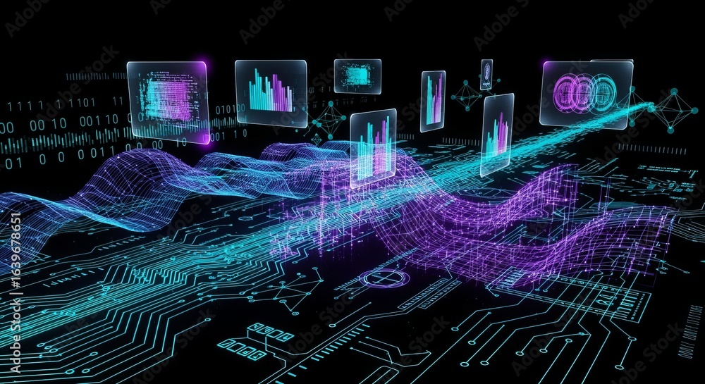 Poster data analysis with digital circuit board and glowing charts on black, representing big data processi