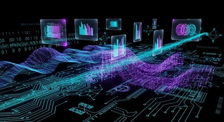 Data Analysis with Digital Circuit Board and Glowing Charts on Black, Representing Big Data Processing and Visualization for Business Intelligence on transparent background