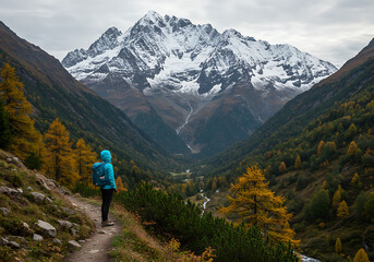 Obraz premium From a rugged vantage point, a lone hiker stands in silent contemplation, gazing in awe at a majestic snow-capped mountain peak.