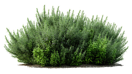 Lush green rosemary shrub with small purple flowers on a transparent background