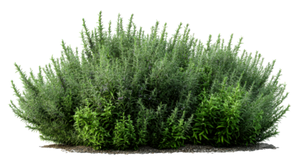 Lush green rosemary shrub with small purple flowers on a transparent background