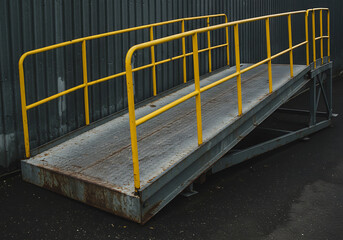 Obraz premium In a visually striking composition, a worn metal loading ramp forms a strong diagonal line, leading the eye up toward the vibrant yellow safety railings