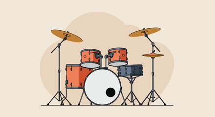 Energetic drumming performance studio setting illustration creative environment side view music concept. Vector illustration