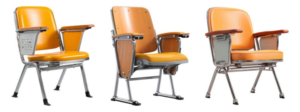 Vintage Theater Chairs in Bright Orange and Rustic Wood Accents